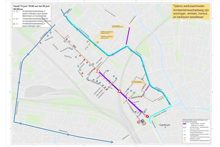 Amsterdamsestraatweg dicht voor autoverkeer tussen Acaciastraat en Weerdsingel Westzijde van 13 tot 30 juni