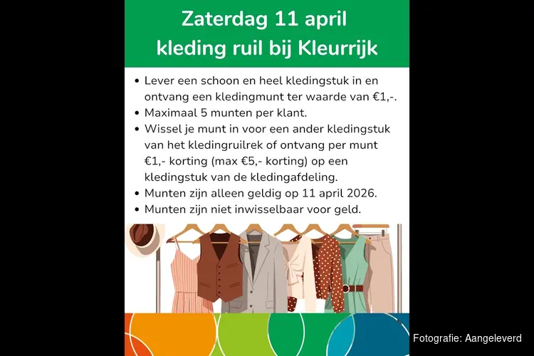 Zaterdag 11 april kleding ruil bij kringloop Kleurrijk in Huizen en Eemnes